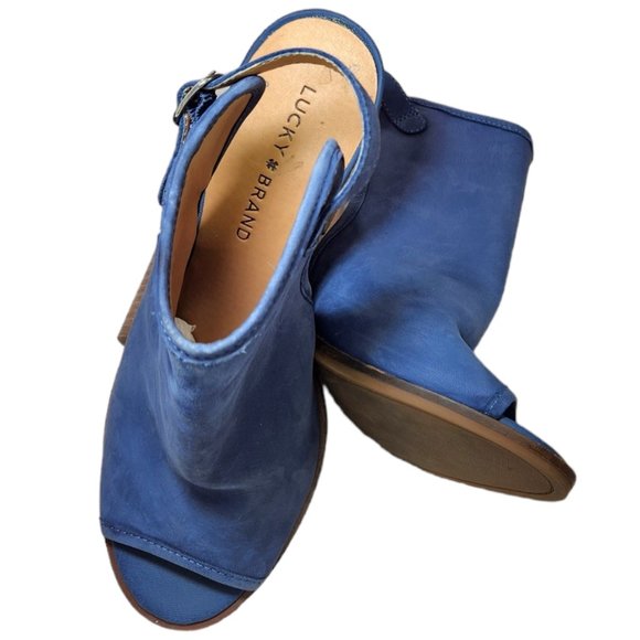 Lucky Brand Blue Peep Toe Block Stacked Ankle Heel Booties Shoes Sandals 8.5 - Picture 2 of 8